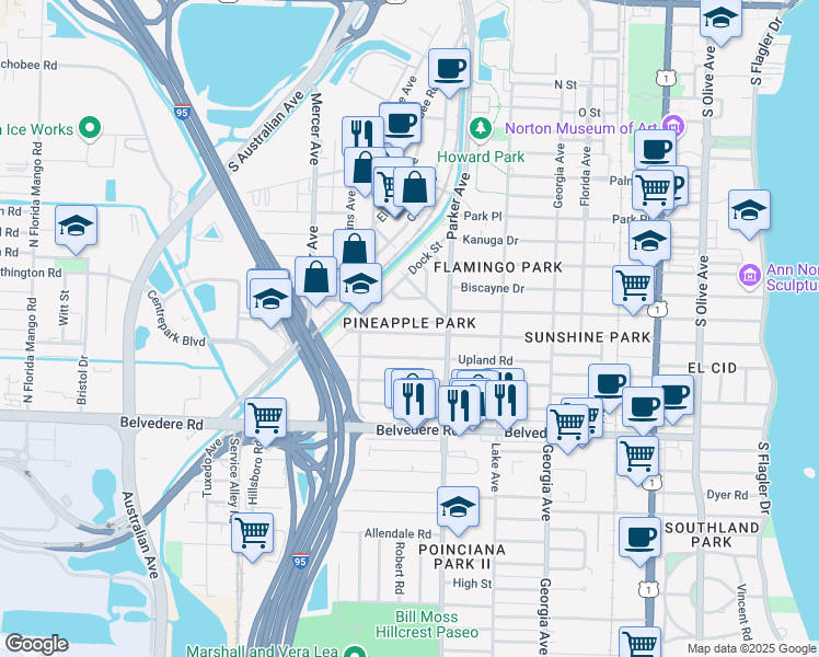 map of restaurants, bars, coffee shops, grocery stores, and more near 939 Ardmore Road in West Palm Beach
