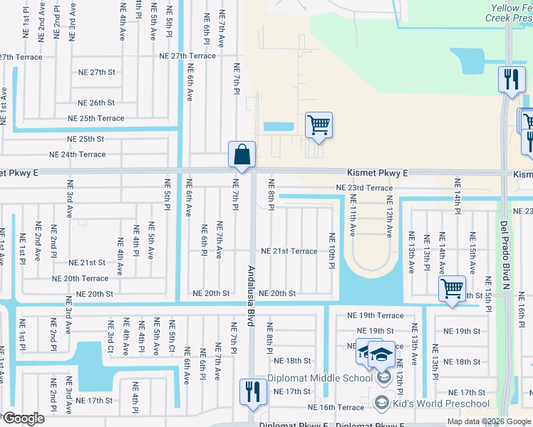 map of restaurants, bars, coffee shops, grocery stores, and more near 2217 Northeast 8th Place in Cape Coral