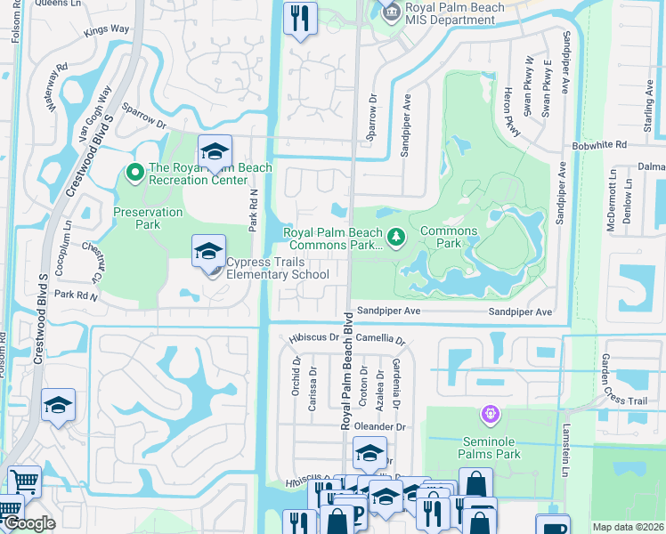 map of restaurants, bars, coffee shops, grocery stores, and more near 12009 Poinciana Boulevard in Royal Palm Beach