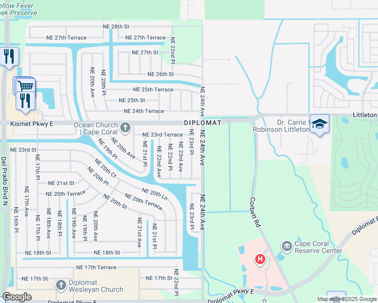 map of restaurants, bars, coffee shops, grocery stores, and more near 2212 Northeast 23rd Place in Cape Coral