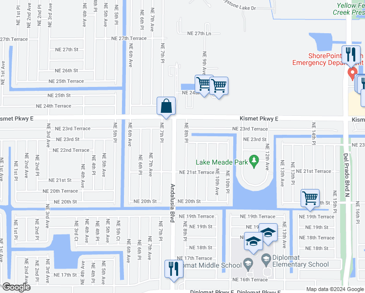 map of restaurants, bars, coffee shops, grocery stores, and more near 2218 Northeast 8th Place in Cape Coral