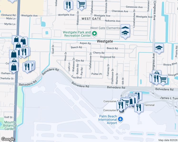 map of restaurants, bars, coffee shops, grocery stores, and more near 2341 Tallahassee Drive in West Palm Beach