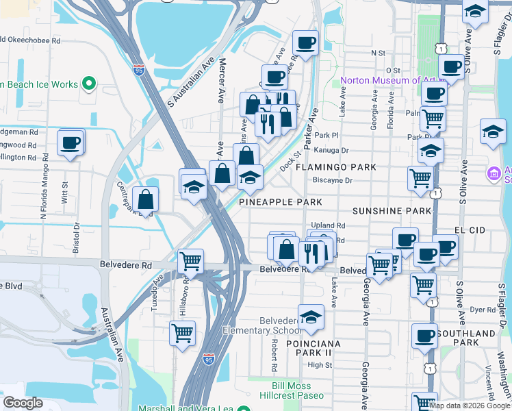 map of restaurants, bars, coffee shops, grocery stores, and more near 1023 Ardmore Road in West Palm Beach