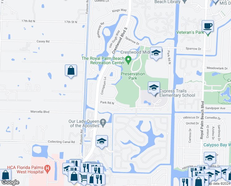 map of restaurants, bars, coffee shops, grocery stores, and more near 114 Chestnut Circle in West Palm Beach