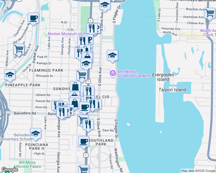 map of restaurants, bars, coffee shops, grocery stores, and more near 284 Cordova Road in West Palm Beach