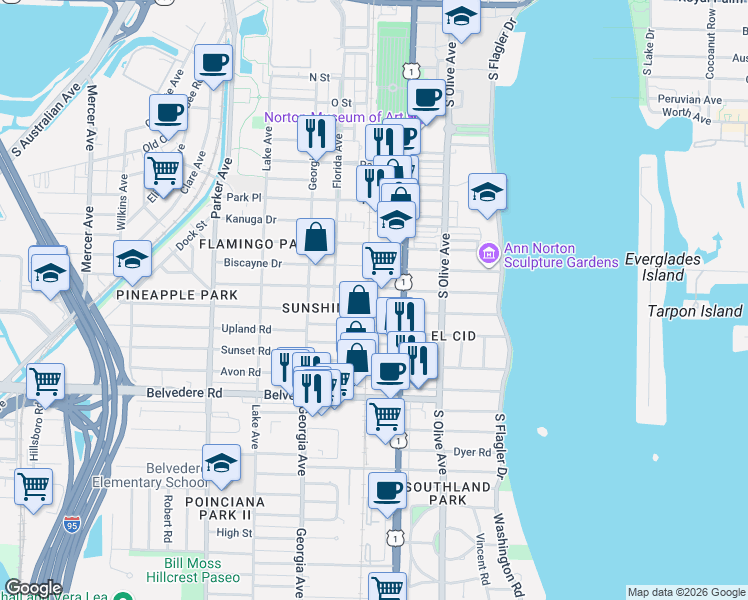map of restaurants, bars, coffee shops, grocery stores, and more near 411 Ardmore Road in West Palm Beach