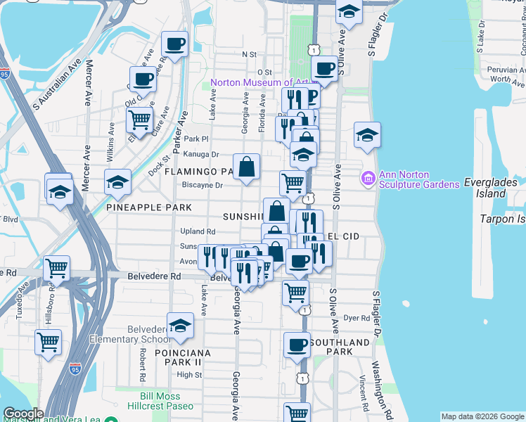 map of restaurants, bars, coffee shops, grocery stores, and more near 515 Ardmore Road in West Palm Beach