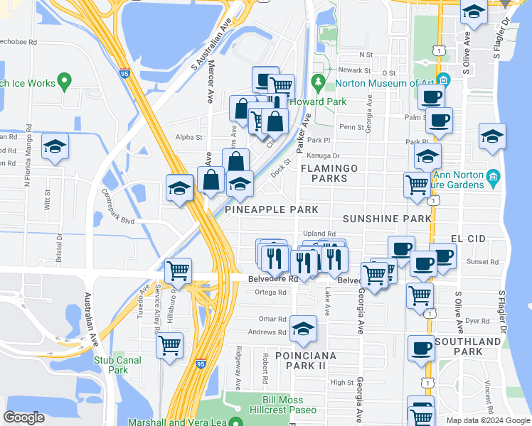 map of restaurants, bars, coffee shops, grocery stores, and more near 939 Ardmore Road in West Palm Beach