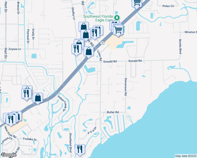 map of restaurants, bars, coffee shops, grocery stores, and more near 15120 Caspian Tern Court in North Fort Myers