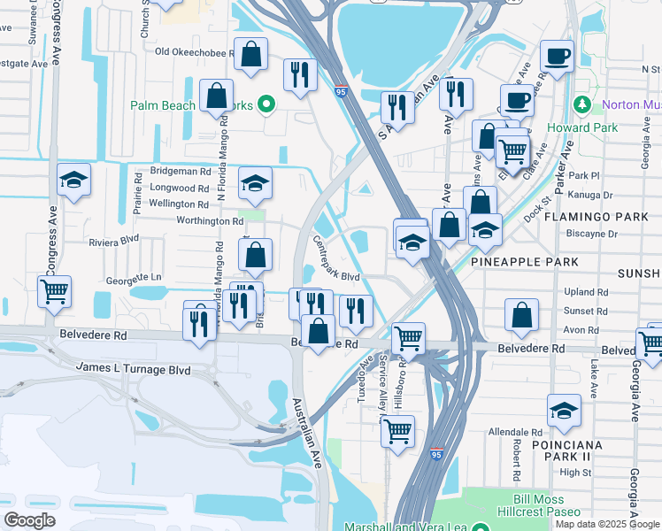 map of restaurants, bars, coffee shops, grocery stores, and more near 1475 Centrepark Boulevard in West Palm Beach