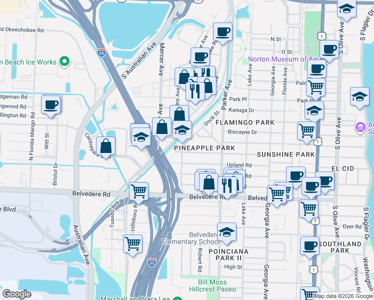 map of restaurants, bars, coffee shops, grocery stores, and more near 1023 Ardmore Road in West Palm Beach