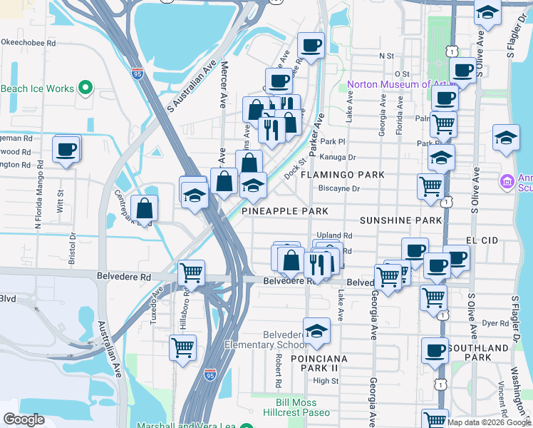 map of restaurants, bars, coffee shops, grocery stores, and more near 1013 Ardmore Road in West Palm Beach