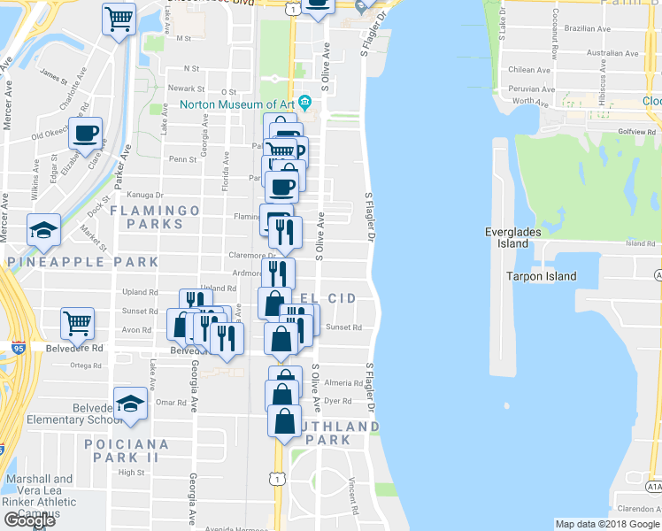 map of restaurants, bars, coffee shops, grocery stores, and more near 284 Cordova Road in West Palm Beach