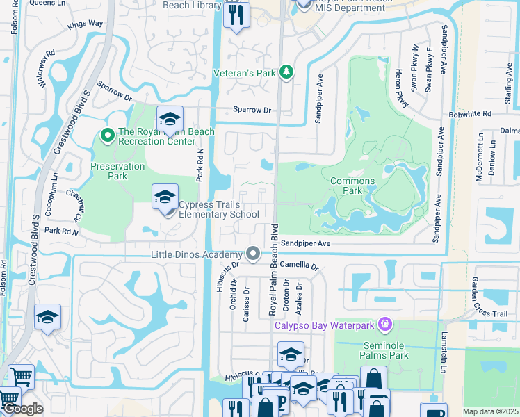 map of restaurants, bars, coffee shops, grocery stores, and more near 12009 Poinciana Boulevard in Royal Palm Beach