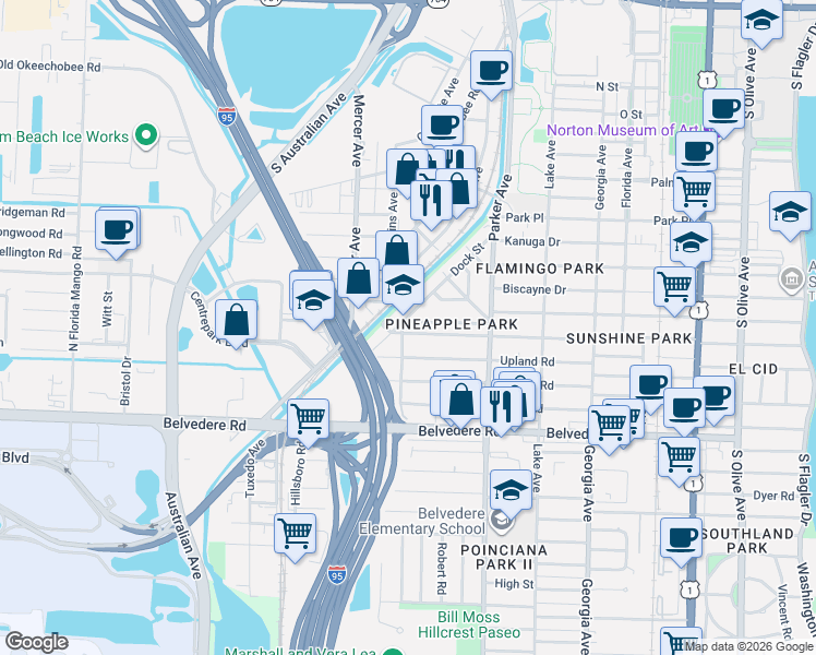 map of restaurants, bars, coffee shops, grocery stores, and more near 1029 Ardmore Road in West Palm Beach