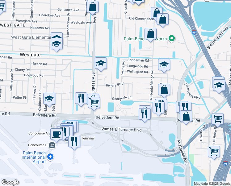 map of restaurants, bars, coffee shops, grocery stores, and more near 1188 Janice Drive in West Palm Beach