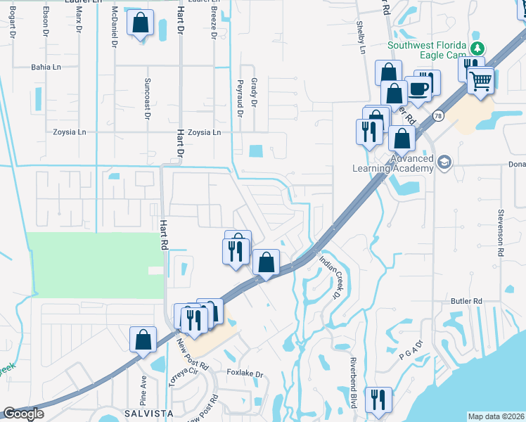 map of restaurants, bars, coffee shops, grocery stores, and more near 232 Flame Lane in North Fort Myers