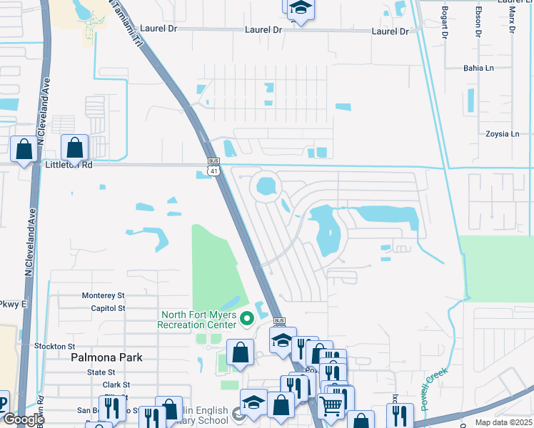 map of restaurants, bars, coffee shops, grocery stores, and more near 331 Doubloon Drive in North Fort Myers