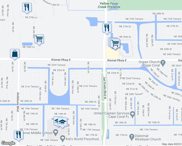 map of restaurants, bars, coffee shops, grocery stores, and more near 2217 Northeast 15th Avenue in Cape Coral