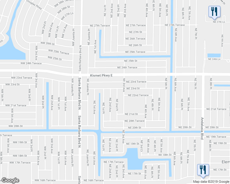 map of restaurants, bars, coffee shops, grocery stores, and more near 2216 Northeast 2nd Place in Cape Coral