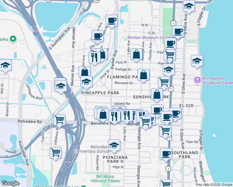 map of restaurants, bars, coffee shops, grocery stores, and more near 815 Ardmore Road in West Palm Beach