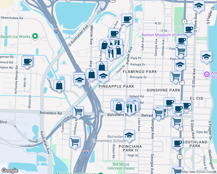 map of restaurants, bars, coffee shops, grocery stores, and more near 1023 Ardmore Road in West Palm Beach