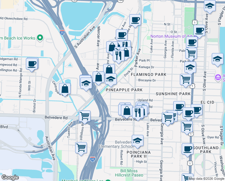 map of restaurants, bars, coffee shops, grocery stores, and more near 1023 Ardmore Road in West Palm Beach