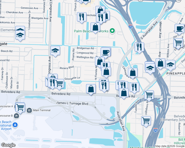 map of restaurants, bars, coffee shops, grocery stores, and more near 2009 Ardmore Road in West Palm Beach