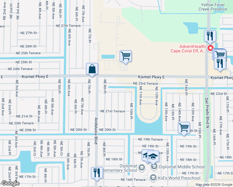 map of restaurants, bars, coffee shops, grocery stores, and more near 2216 Northeast 9th Place in Cape Coral