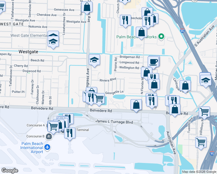 map of restaurants, bars, coffee shops, grocery stores, and more near 1198 Janice Drive in West Palm Beach