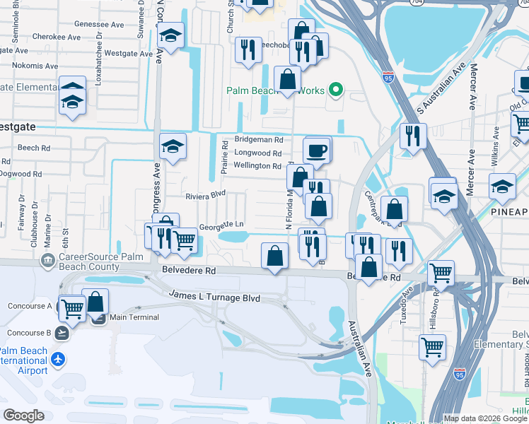 map of restaurants, bars, coffee shops, grocery stores, and more near 2032 Ardmore Road in West Palm Beach