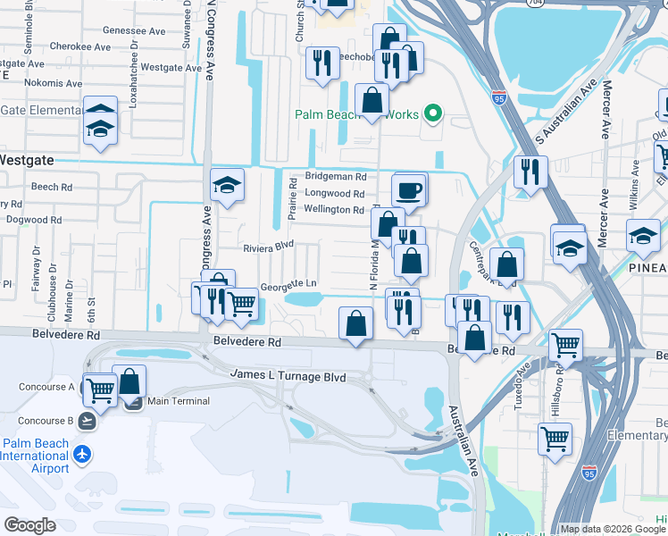 map of restaurants, bars, coffee shops, grocery stores, and more near 2032 Ardmore Road in West Palm Beach