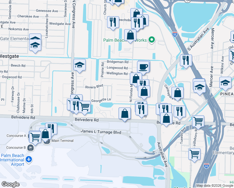 map of restaurants, bars, coffee shops, grocery stores, and more near 2032 Ardmore Road in West Palm Beach