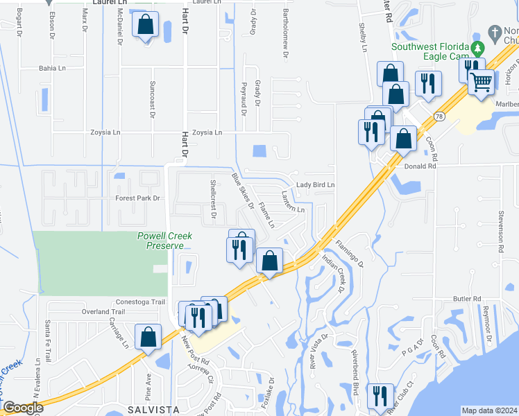 map of restaurants, bars, coffee shops, grocery stores, and more near 232 Flame Lane in North Fort Myers