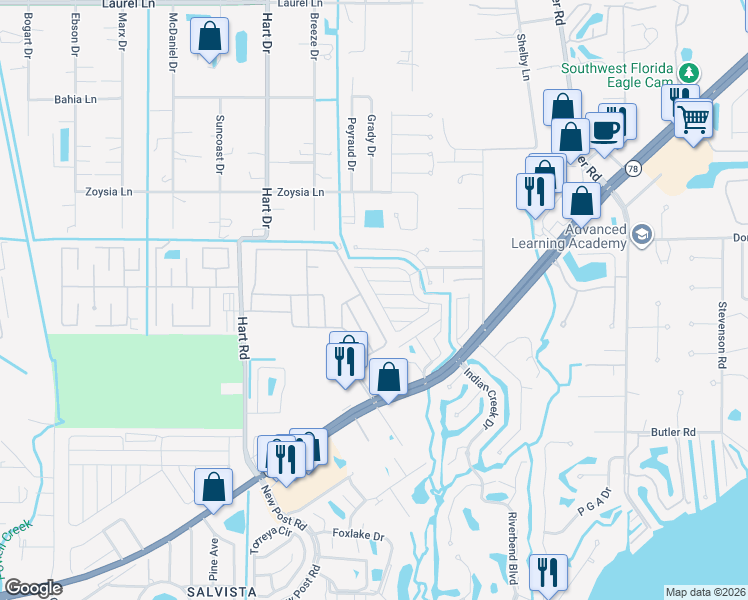 map of restaurants, bars, coffee shops, grocery stores, and more near 232 Flame Lane in North Fort Myers