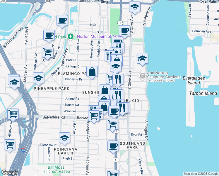 map of restaurants, bars, coffee shops, grocery stores, and more near 411 Ardmore Road in West Palm Beach