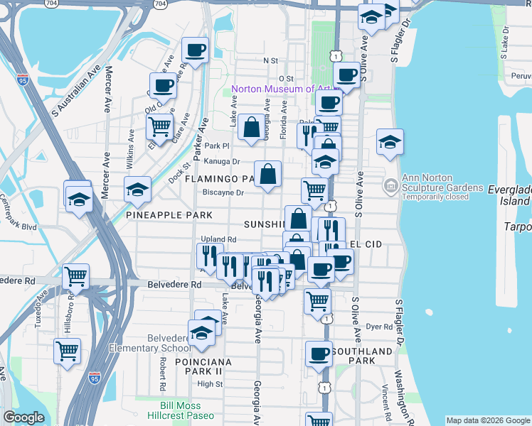 map of restaurants, bars, coffee shops, grocery stores, and more near 617 Ardmore Road in West Palm Beach