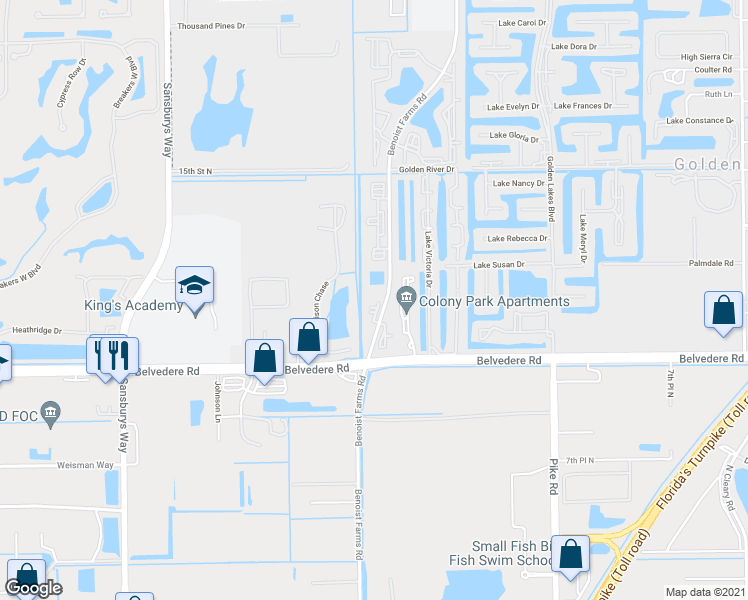 map of restaurants, bars, coffee shops, grocery stores, and more near 1089 Benoist Farms Road in West Palm Beach