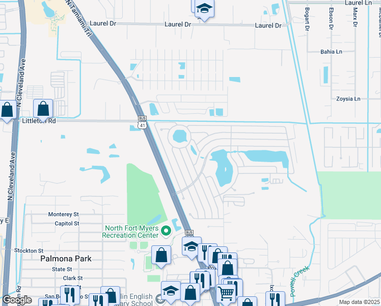 map of restaurants, bars, coffee shops, grocery stores, and more near 338 Doubloon Drive in North Fort Myers