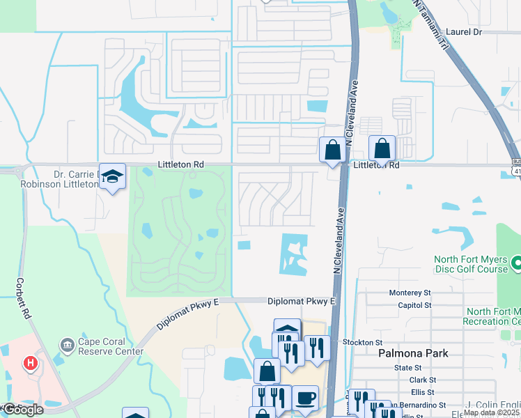 map of restaurants, bars, coffee shops, grocery stores, and more near 276 Moonwind Drive in North Fort Myers