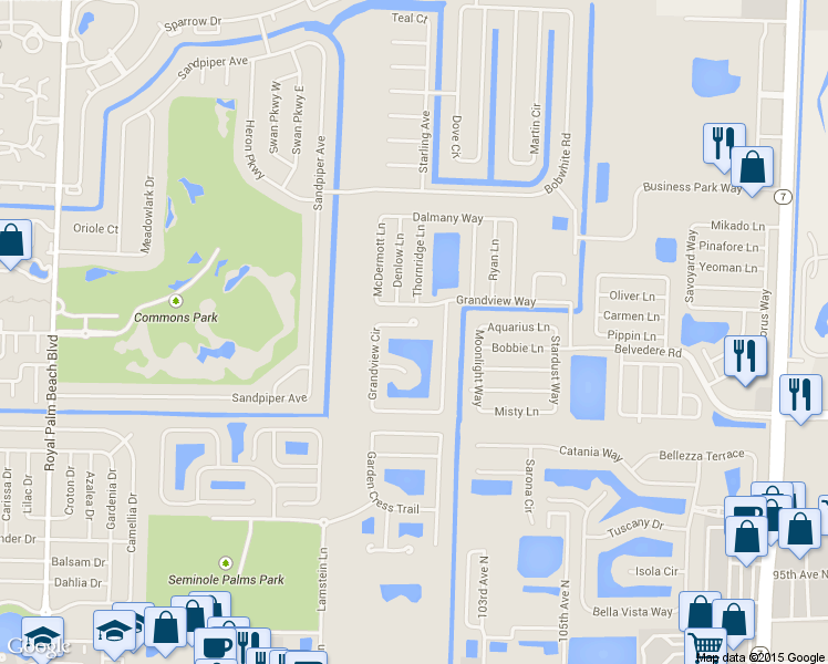 map of restaurants, bars, coffee shops, grocery stores, and more near 1013 Grandview Circle in Royal Palm Beach
