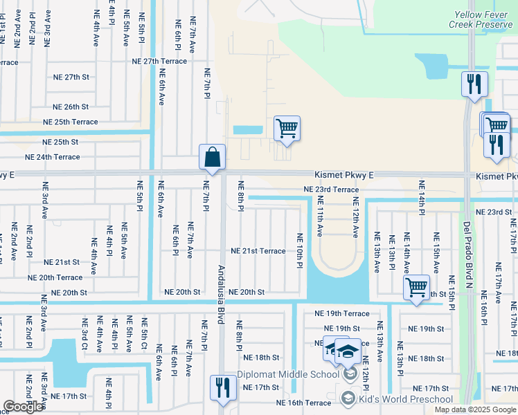 map of restaurants, bars, coffee shops, grocery stores, and more near 2217 Northeast 8th Place in Cape Coral