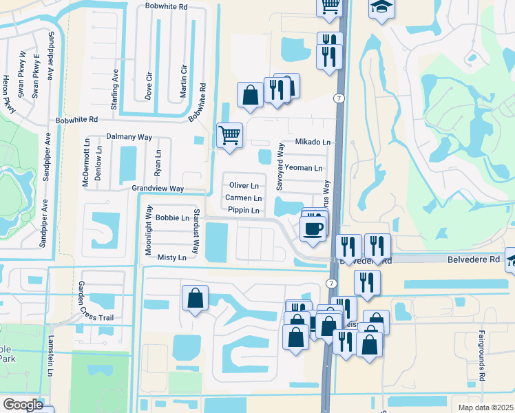 map of restaurants, bars, coffee shops, grocery stores, and more near 10304 Pippin Lane in Royal Palm Beach