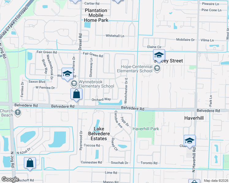 map of restaurants, bars, coffee shops, grocery stores, and more near 1111 Woodbine Road in West Palm Beach