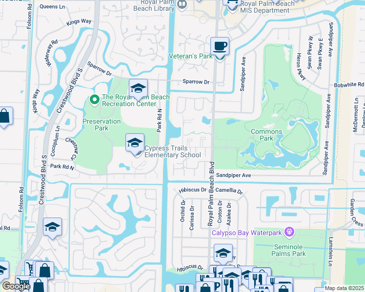 map of restaurants, bars, coffee shops, grocery stores, and more near 12005 Poinciana Boulevard in Royal Palm Beach