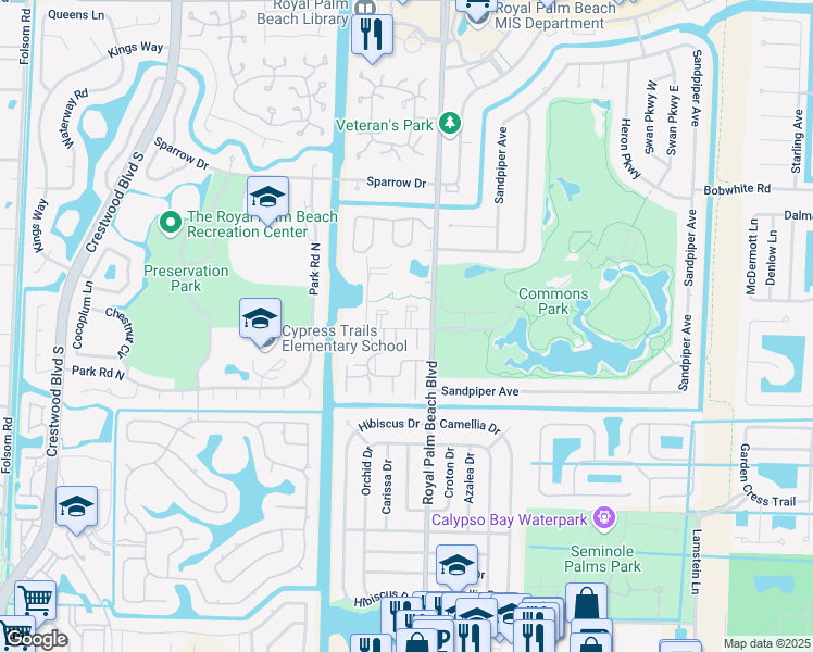 map of restaurants, bars, coffee shops, grocery stores, and more near 12009 Poinciana Boulevard in Royal Palm Beach