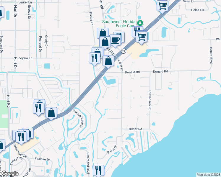 map of restaurants, bars, coffee shops, grocery stores, and more near 6370 Brant Bay Boulevard in North Fort Myers