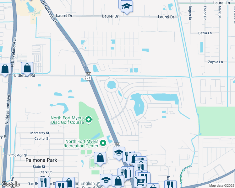 map of restaurants, bars, coffee shops, grocery stores, and more near 338 Doubloon Drive in North Fort Myers