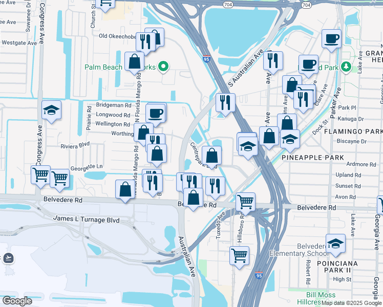 map of restaurants, bars, coffee shops, grocery stores, and more near 2070-2264 South Australian Avenue in West Palm Beach