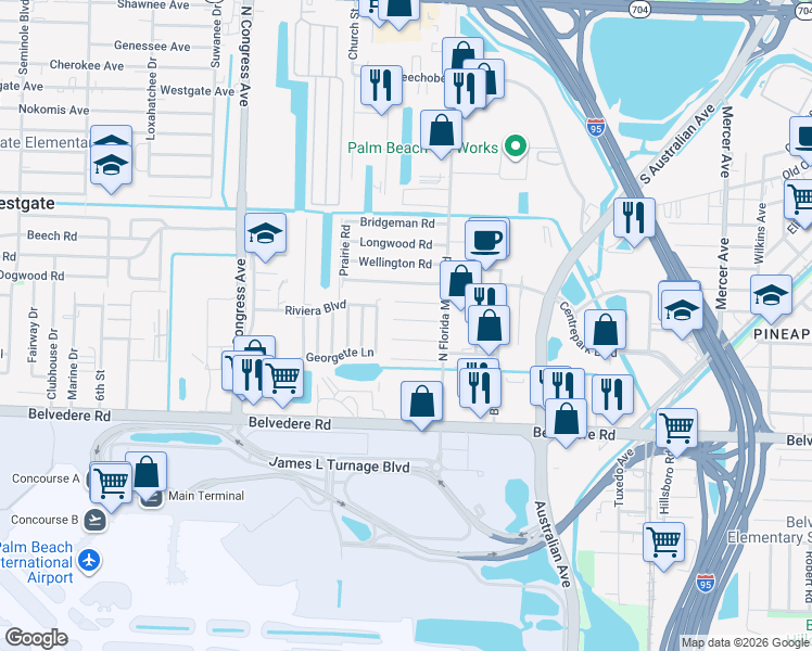 map of restaurants, bars, coffee shops, grocery stores, and more near 2032 Ardmore Road in West Palm Beach